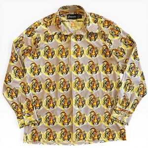 Vintage 70s Bronzini AOP Tiger Face Print Long Sleeve Button Down Shirt Men’s XL